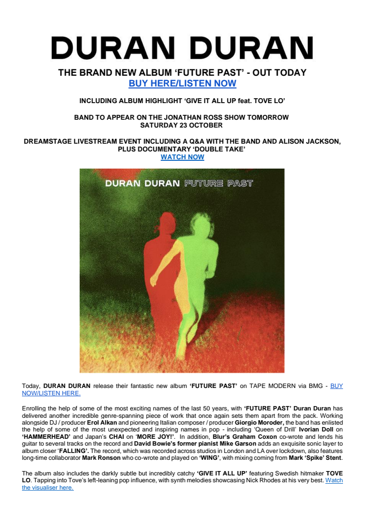 Duran Duran - engelsk pressrelease FUTURE PAST