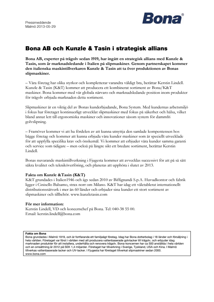 Bona AB och Kunzle & Tasin i strategisk allians