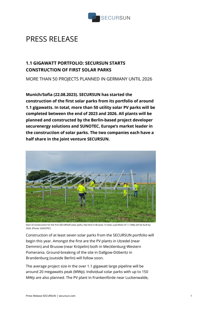 Press release: 1.1 gigawatt portfolio: SECURSUN starts construction of first solar parks