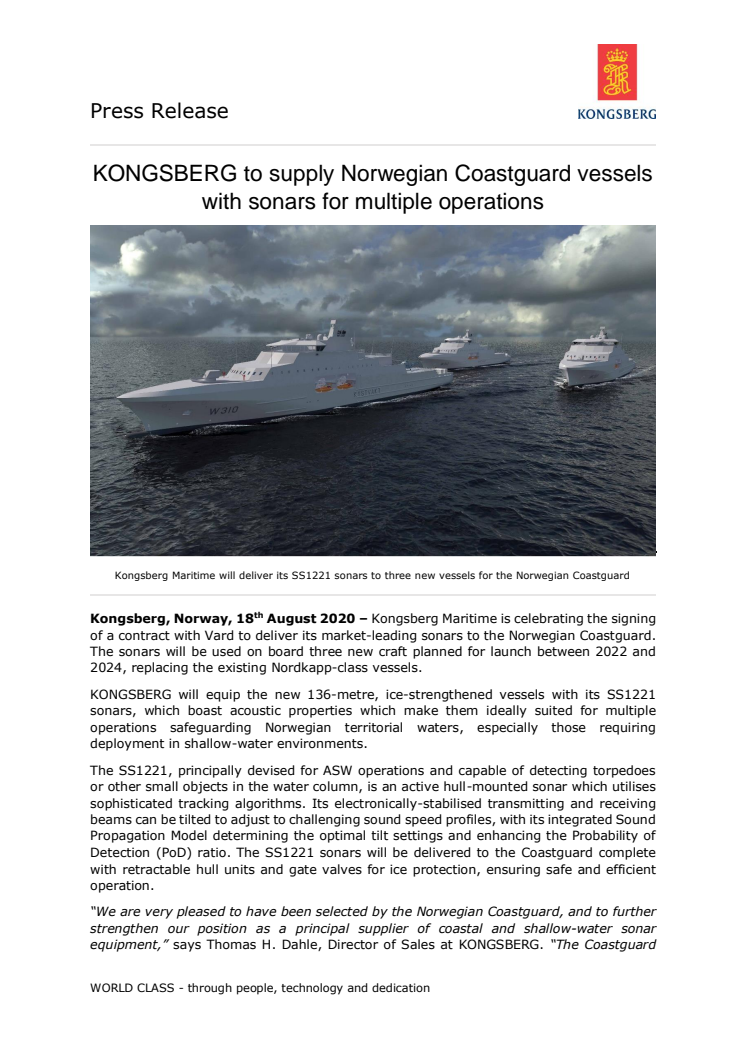 KONGSBERG to supply Norwegian Coastguard vessels with sonars for multiple operations