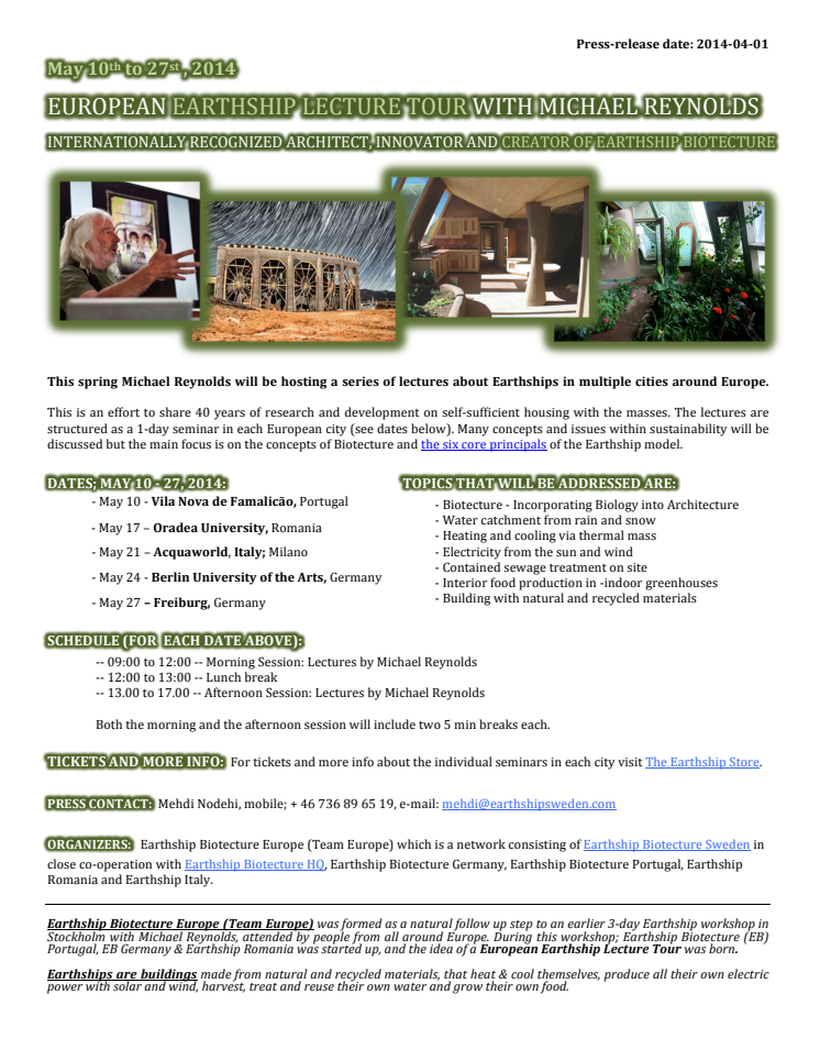European Earthship Lecture Tour with Michael Reynolds