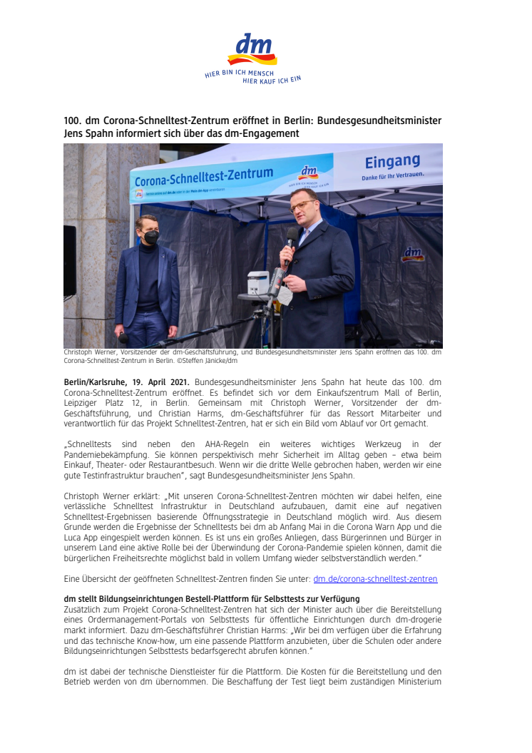 100. dm Corona-Schnelltest-Zentrum eröffnet in Berlin: Bundesgesundheitsminister Jens Spahn informiert sich über das dm-Engagement
