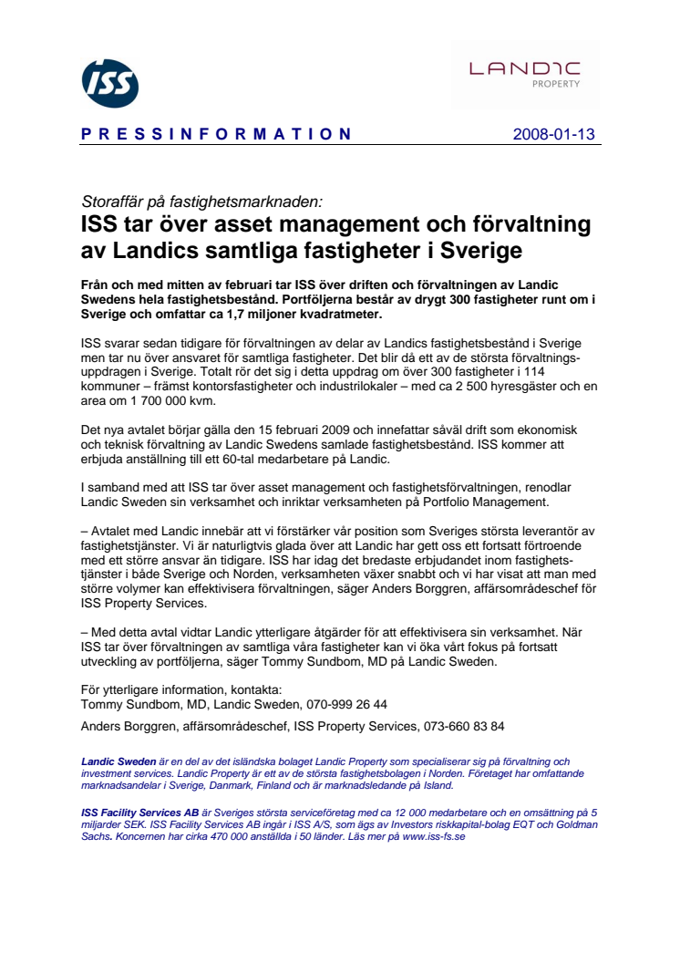 Storaffär på fastighetsmarknaden - ISS tar över asset management och förvaltning av Landics samtliga fastigheter i Sverige