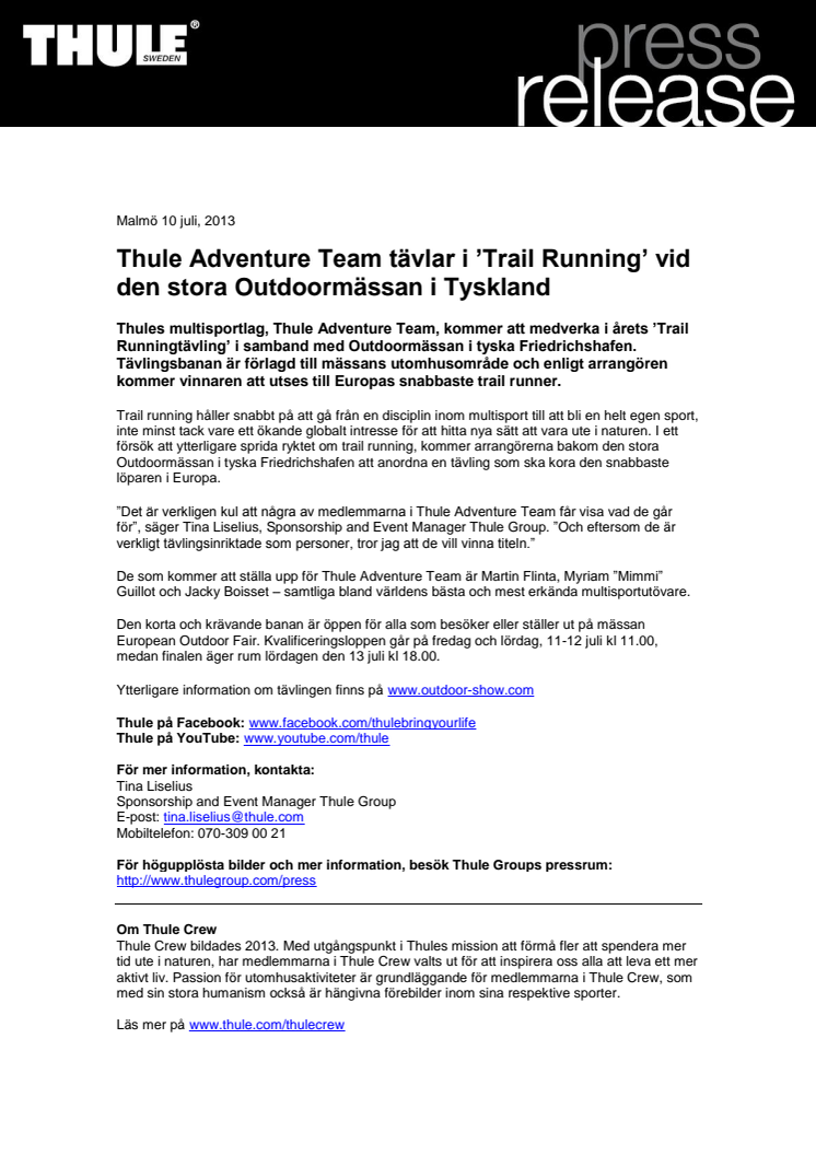 Thule Adventure Team tävlar i ’Trail Running’ vid den stora Outdoormässan i Tyskland 