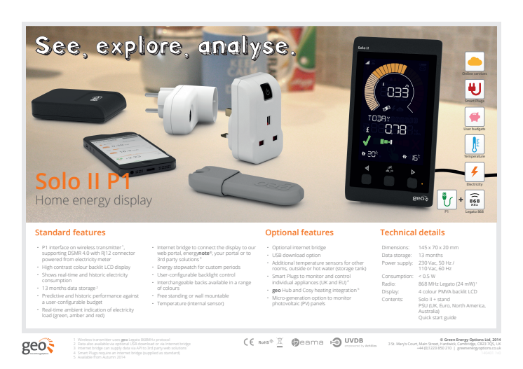 datasheet for geo's Solo II P1 in-home energy display