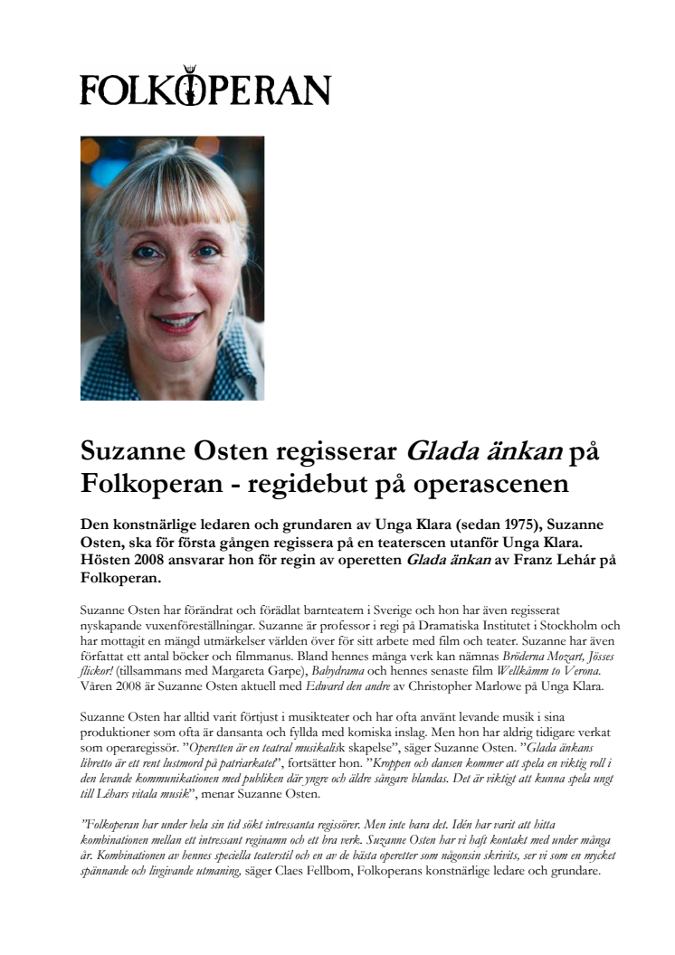 Suzanne Osten regisserar Glada änkan på Folkoperan - regidebut på operascenen