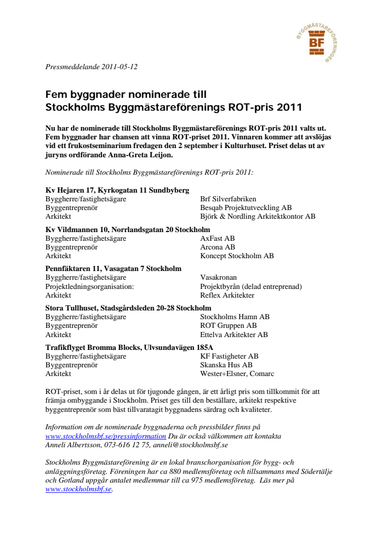 Fem byggnader nominerade till  Stockholms Byggmästareförenings ROT-pris 2011