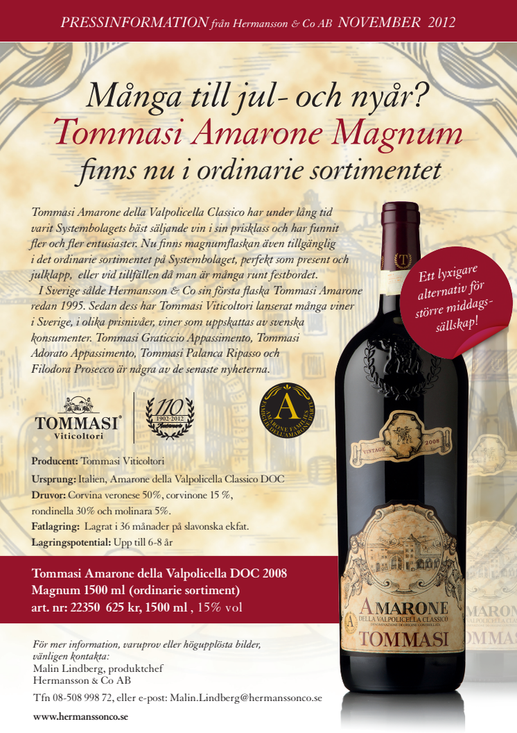 Tommasi Amarone Magnum finns nu i ordinarie sortiment!