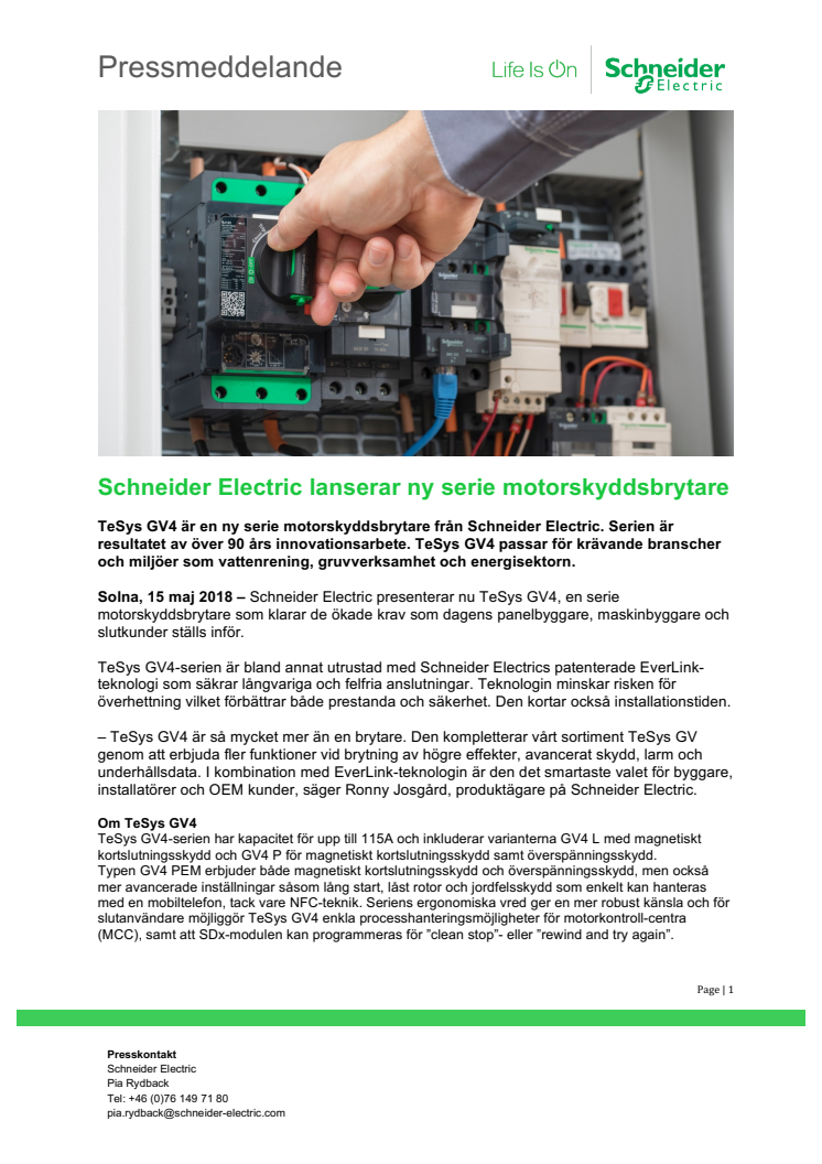 Schneider Electric lanserar ny serie motorskyddsbrytare