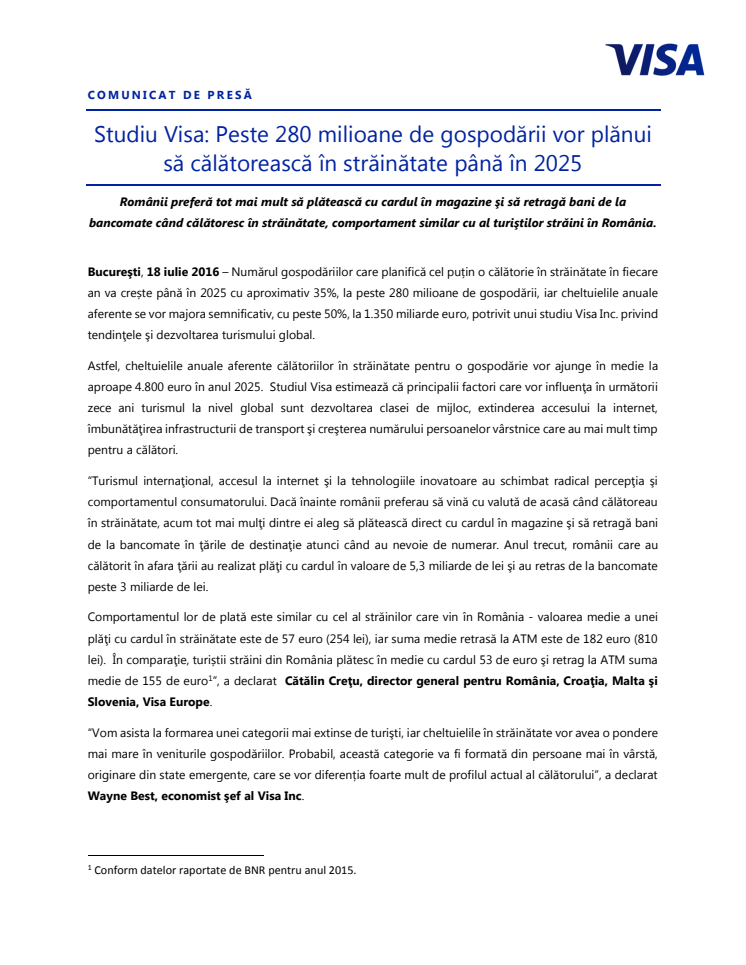 Studiu Visa: Peste 280 milioane de gospodării vor plănui să călătorească în străinătate până în 2025