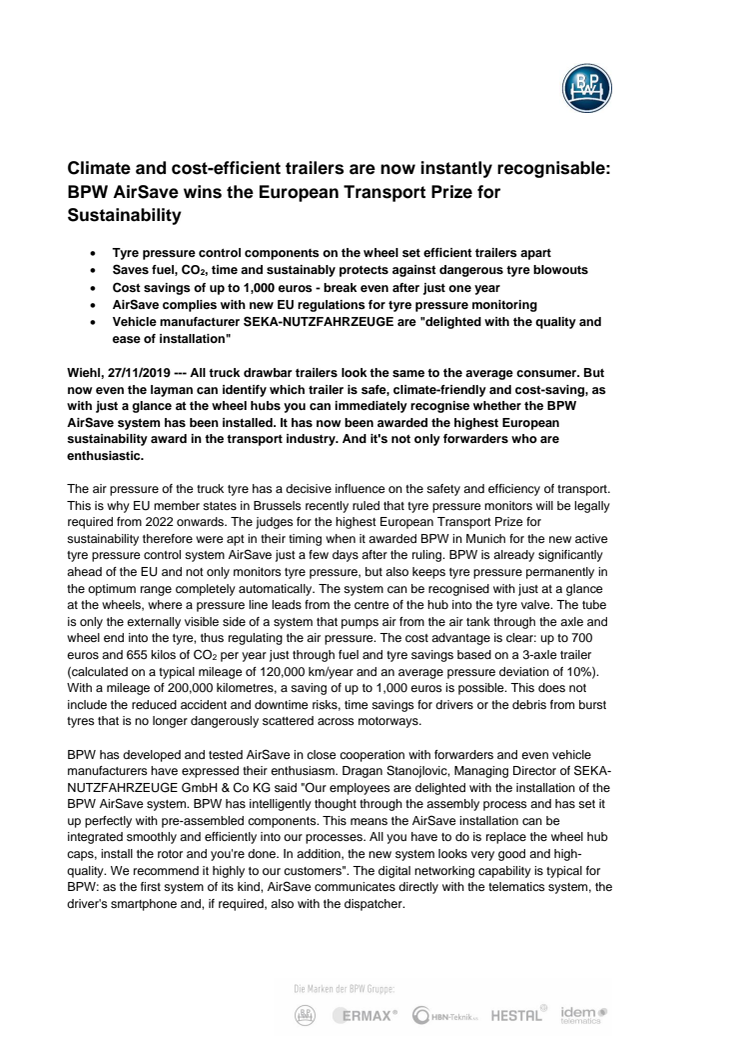 Climate and cost-efficient trailers are now instantly recognisable: BPW AirSave wins the European Transport Prize for Sustainability