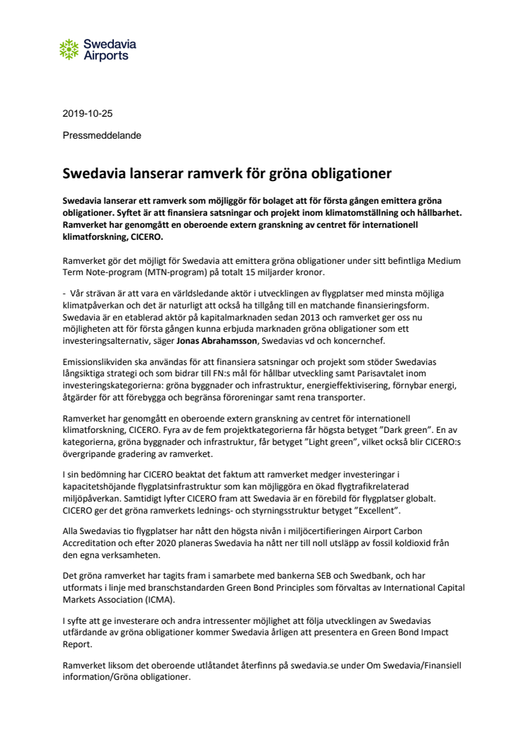 Swedavia lanserar ramverk för gröna obligationer
