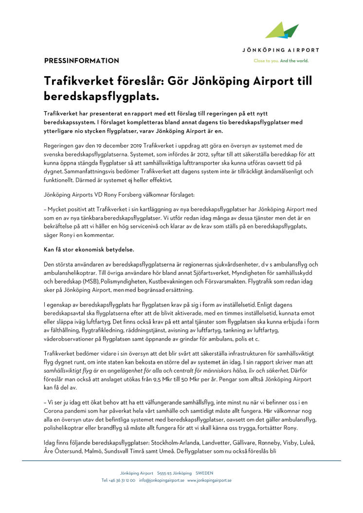 Trafikverket föreslår: Gör Jönköping Airport till beredskapsflygplats