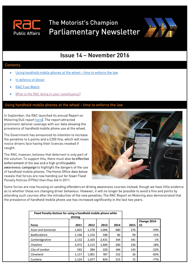 RAC Parliamentary Newsletter #14 - November 2016