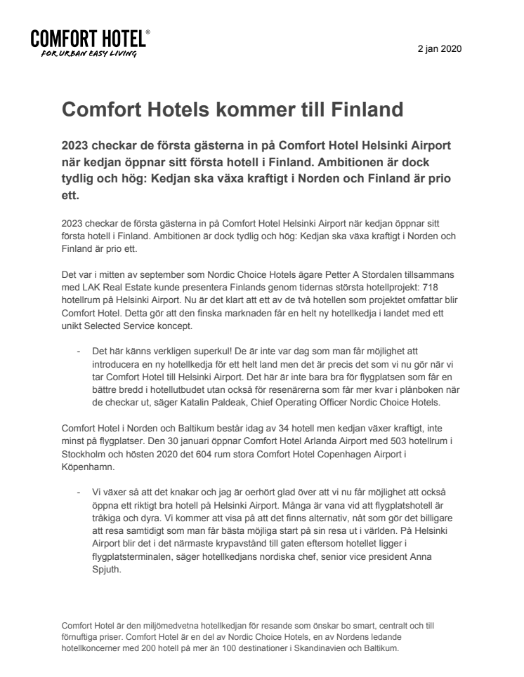 Comfort Hotels kommer till Finland