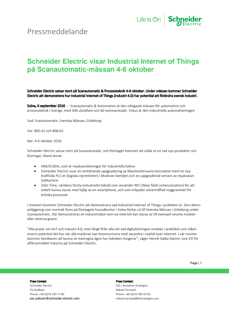 Schneider Electric visar Industrial Internet of Things på Scanautomatic-mässan 4-6 oktober