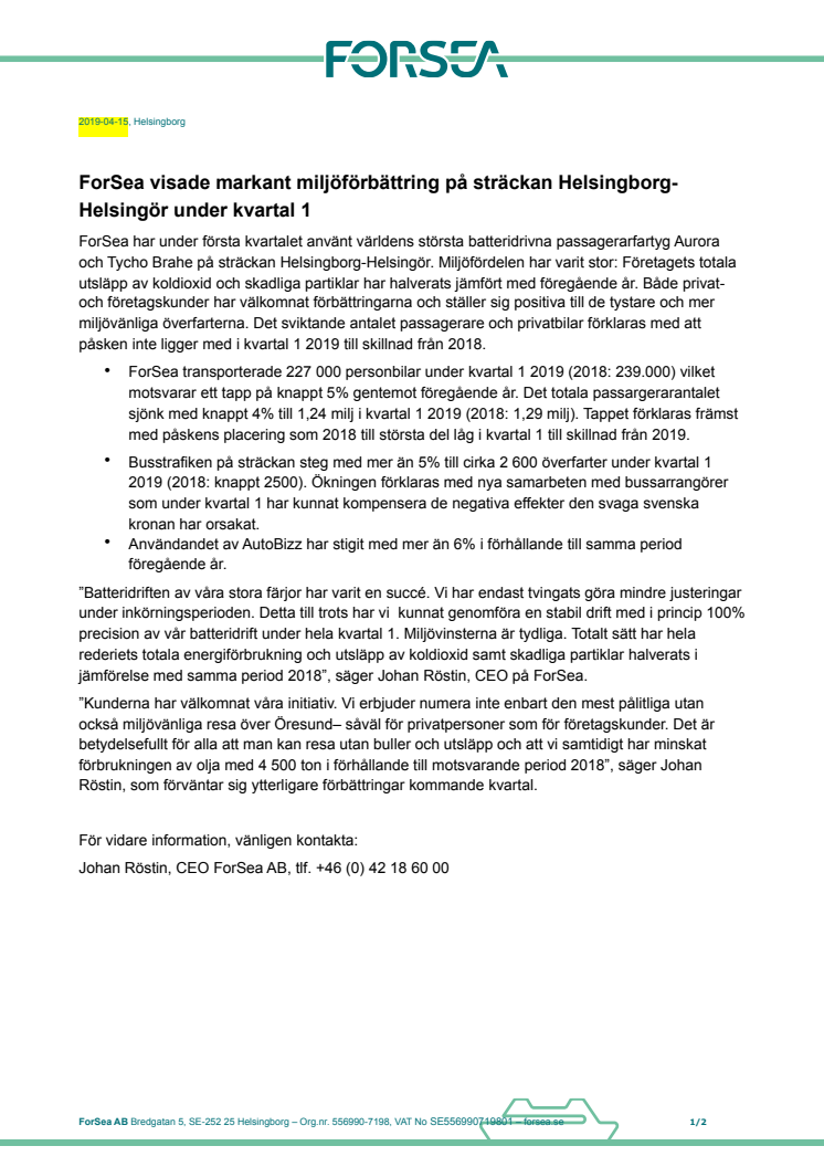 ForSea visade markant miljöförbättring på sträckan Helsingborg-Helsingör under kvartal 1