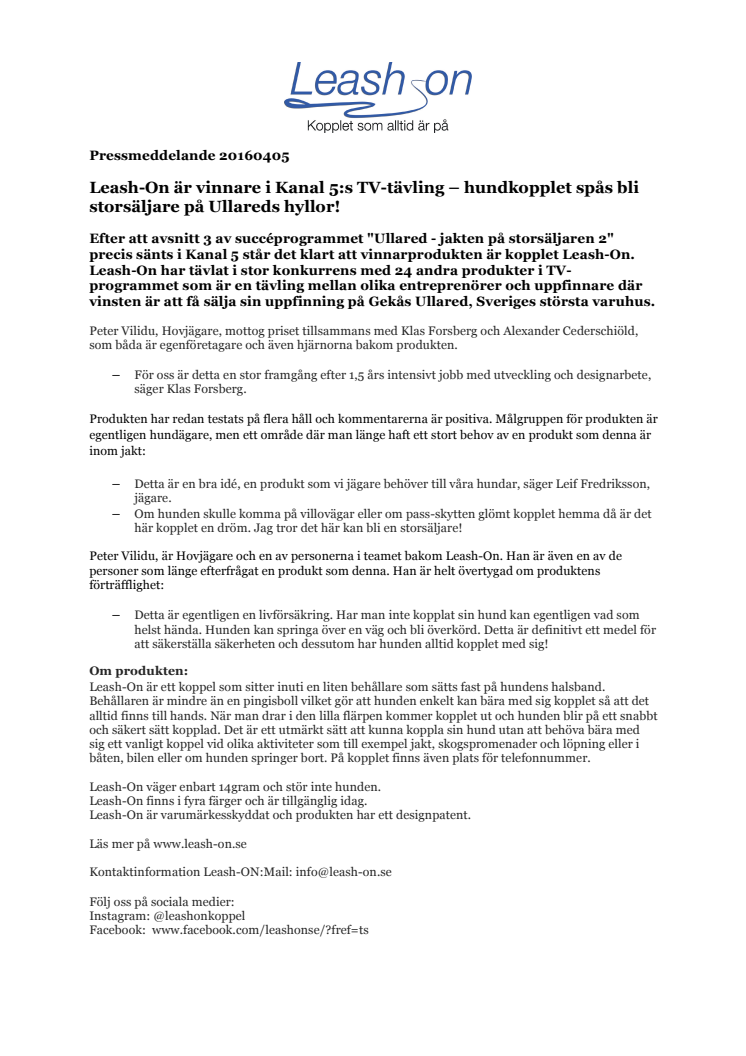 Leash-On är vinnare i Kanal 5:s TV-tävling – hundkopplet spås bli storsäljare på Ullareds hyllor!