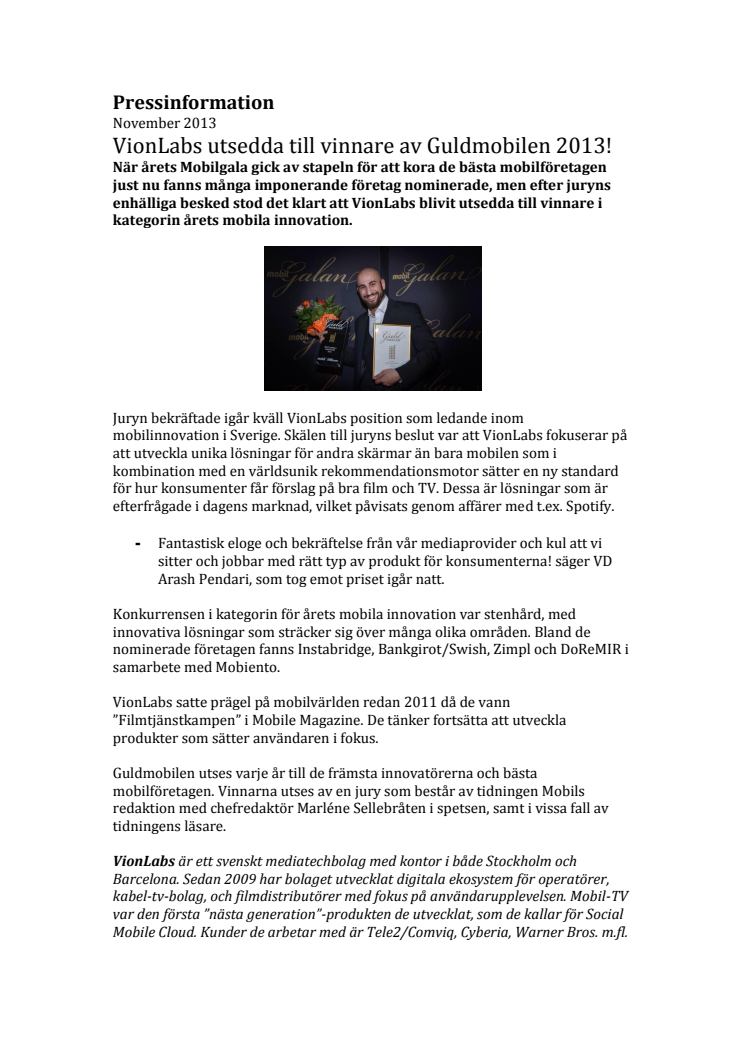 VionLabs utsedda till vinnare av Guldmobilen 2013! 