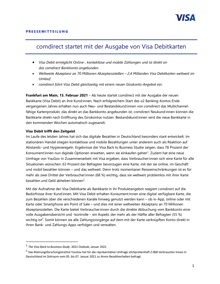 comdirect startet mit der Ausgabe von Visa Debitkarten