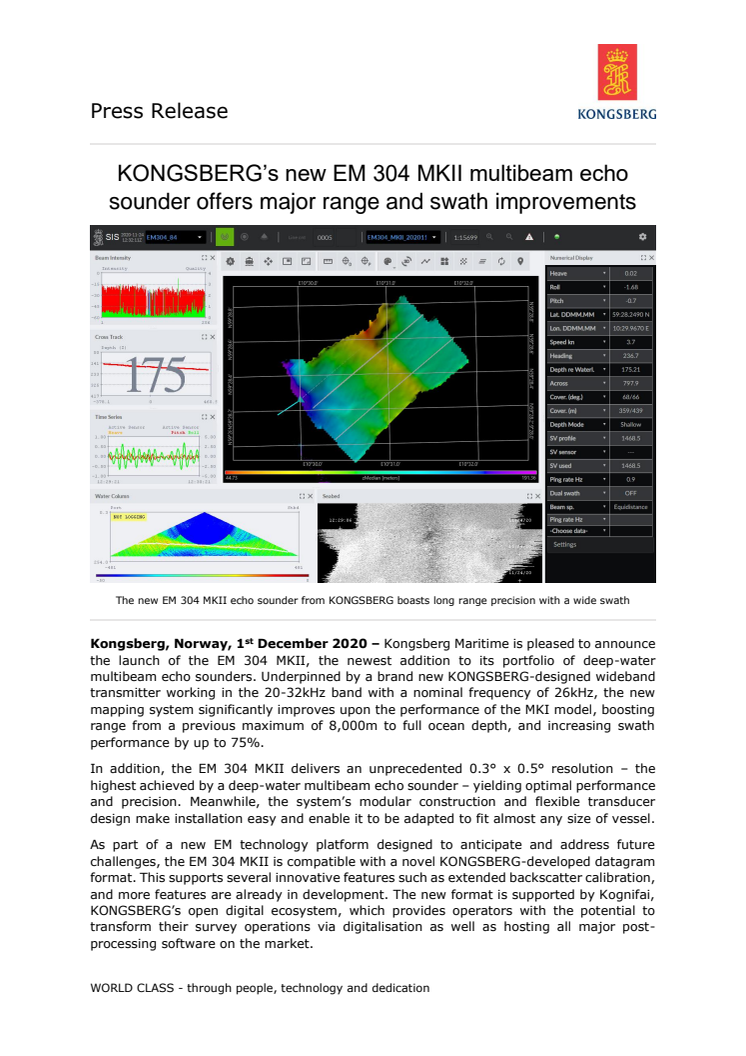 KONGSBERG’s new EM 304 MKII multibeam echo sounder offers major range and swath improvements