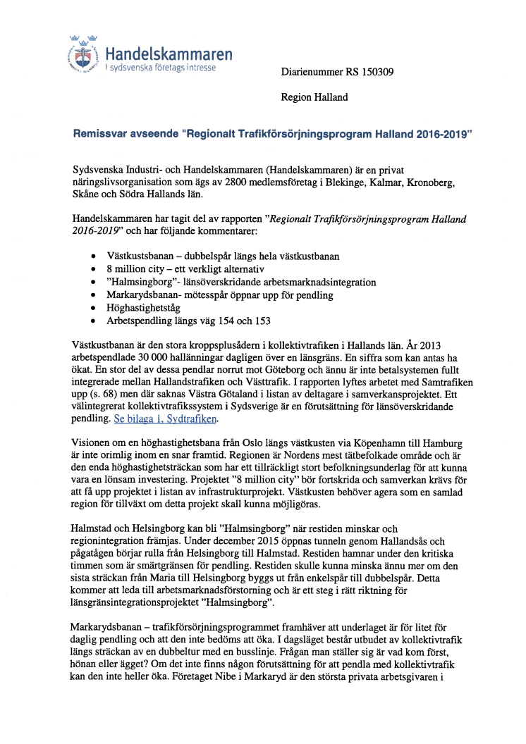 Remissvar Trafikförsörjningsprogram för Halland 2016-2019