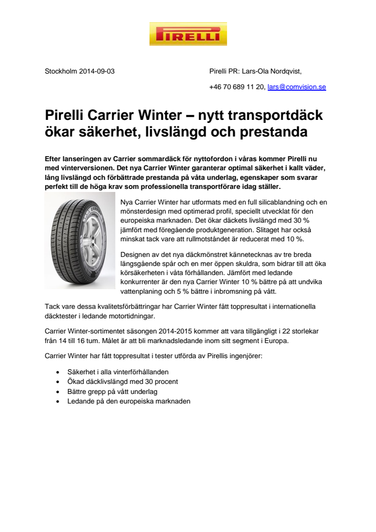 Pirelli Carrier Winter – nytt transportdäck ökar säkerhet, livslängd och prestanda