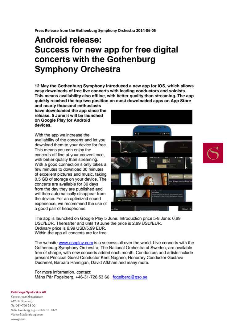 Android release: Success for new app for free digital concerts with the Gothenburg Symphony Orchestra