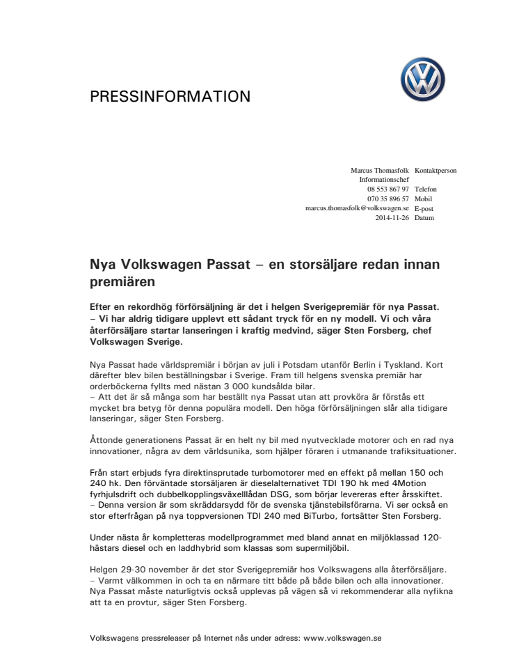 Nya Volkswagen Passat – en storsäljare redan innan premiären