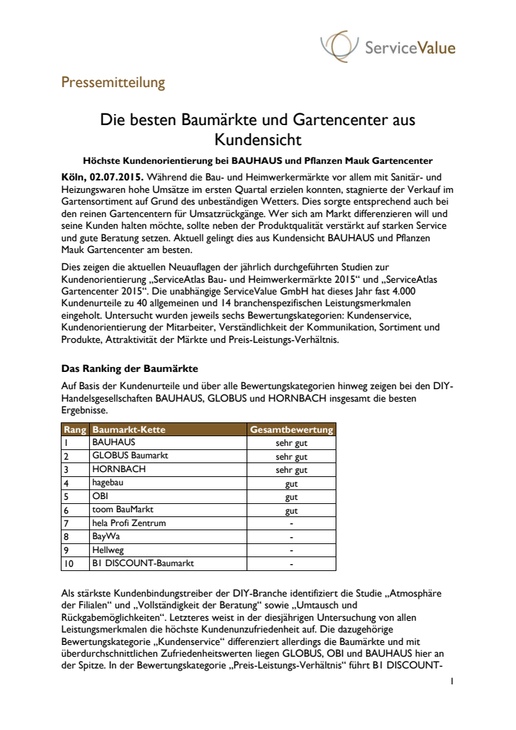 Die besten Baumärkte und Gartencenter aus Kundensicht 