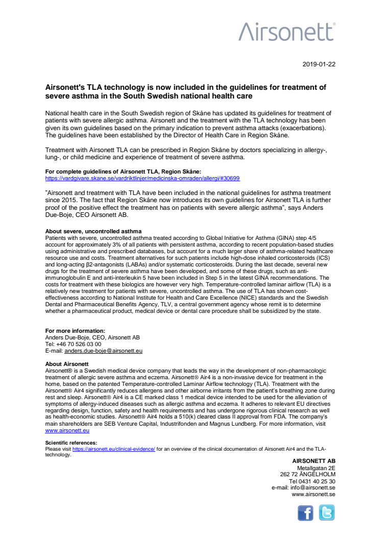 Airsonett's TLA technology is now included in the guidelines for treatment of severe asthma in the South Swedish national health care 