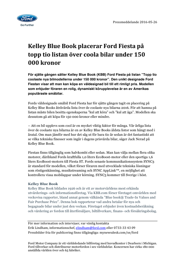 Kelley Blue Book placerar Ford Fiesta på topp tio listan över coola bilar under 150 000 kronor
