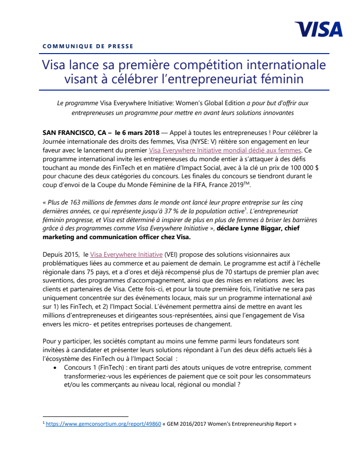 Visa lance sa première compétition internationale visant à célébrer l’entrepreneuriat féminin