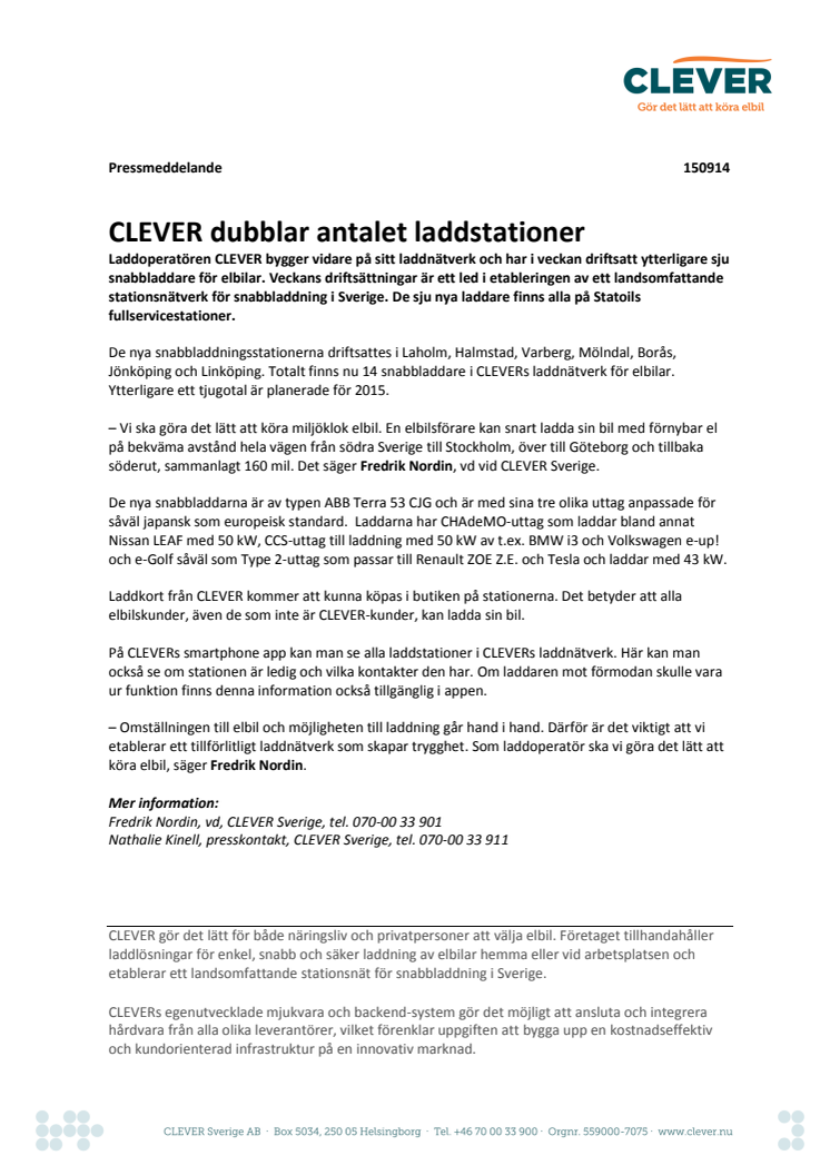 CLEVER dubblar antalet laddstationer