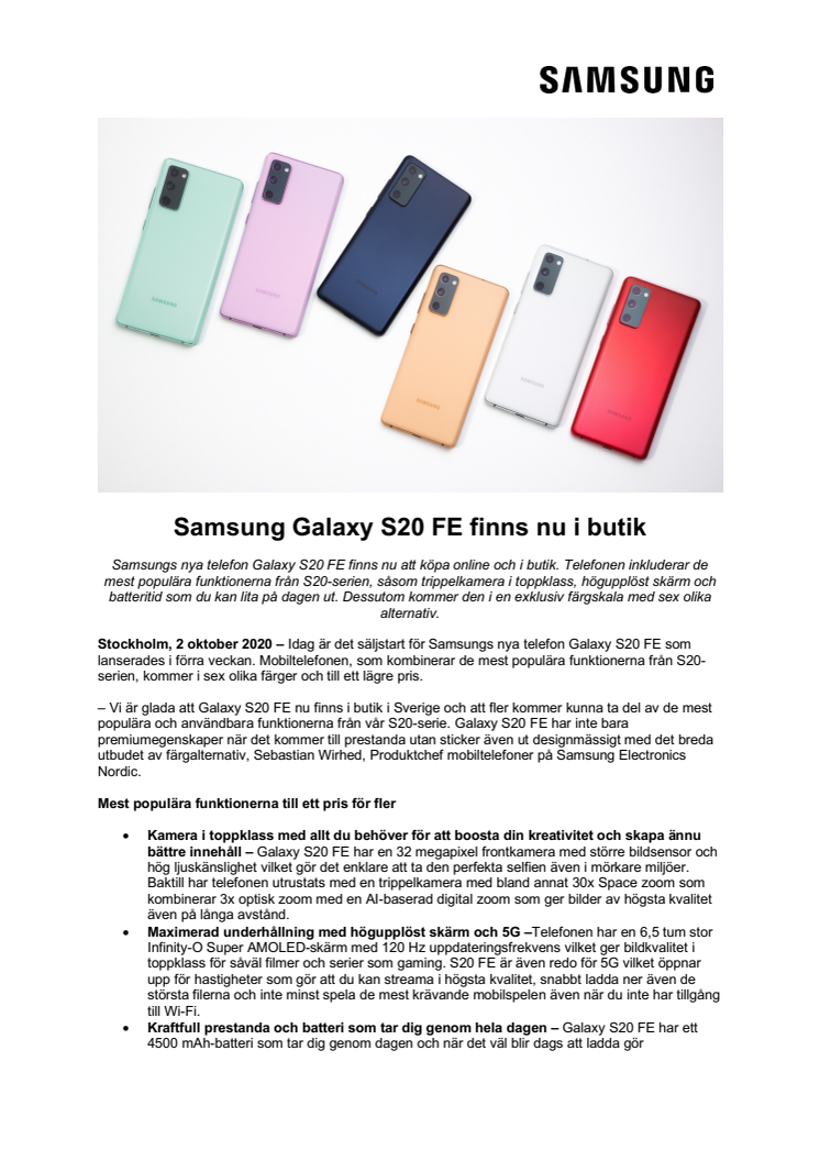 Samsung Galaxy S20 FE finns nu i butik