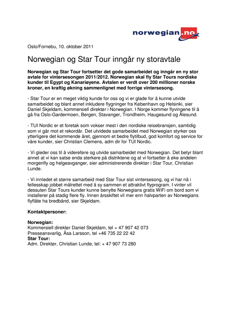 Norwegian og Star Tour inngår ny storavtale 