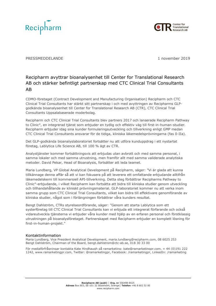 Recipharm avyttrar bioanalysenhet till Center for Translational Research AB och stärker befintligt partnerskap med CTC Clinical Trial Consultants AB 