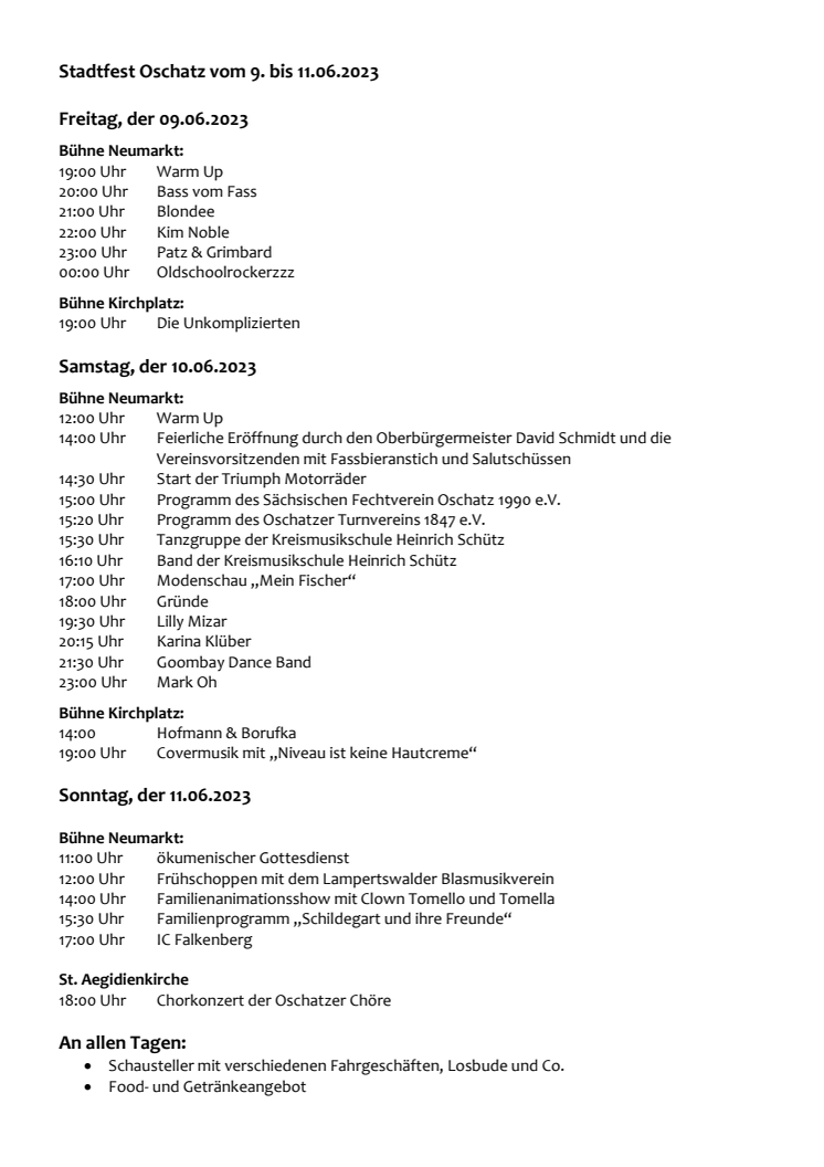 Programm Oschatzer Stadtfest 2023