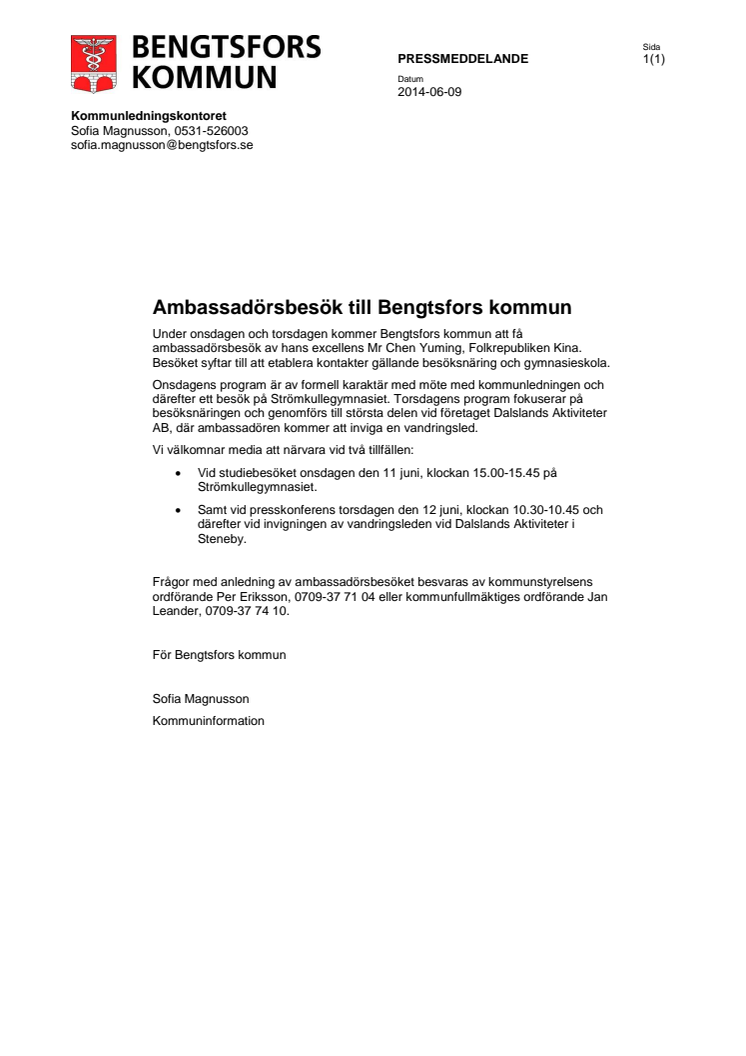 Ambassadörsbesök till Bengtsfors 