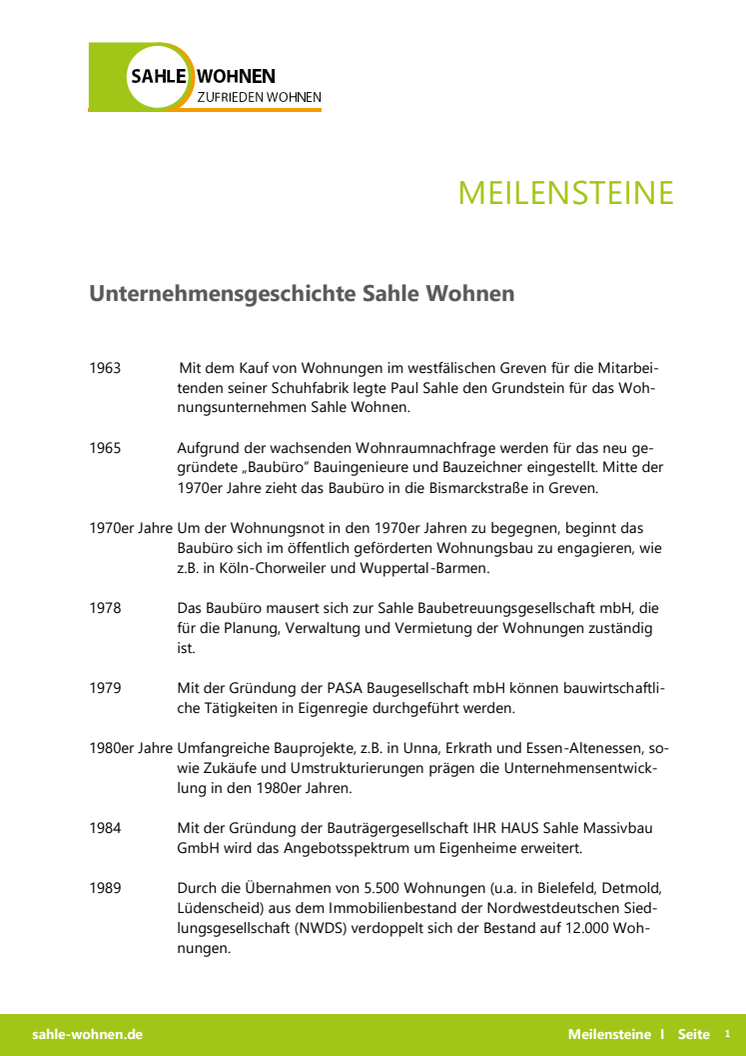 Meilensteine Sahle Wohnen