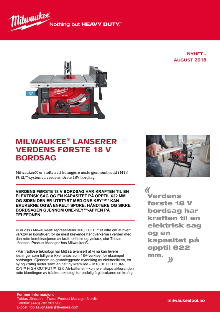 MILWAUKEE® LANSERER VERDENS FØRSTE 18 V BORDSAG