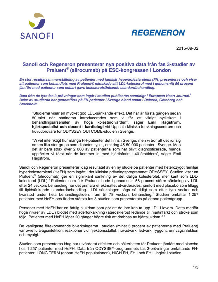 Sanofi och Regeneron presenterar nya positiva data från fas 3-studier av Praluent® (alirocumab) på ESC-kongressen i London
