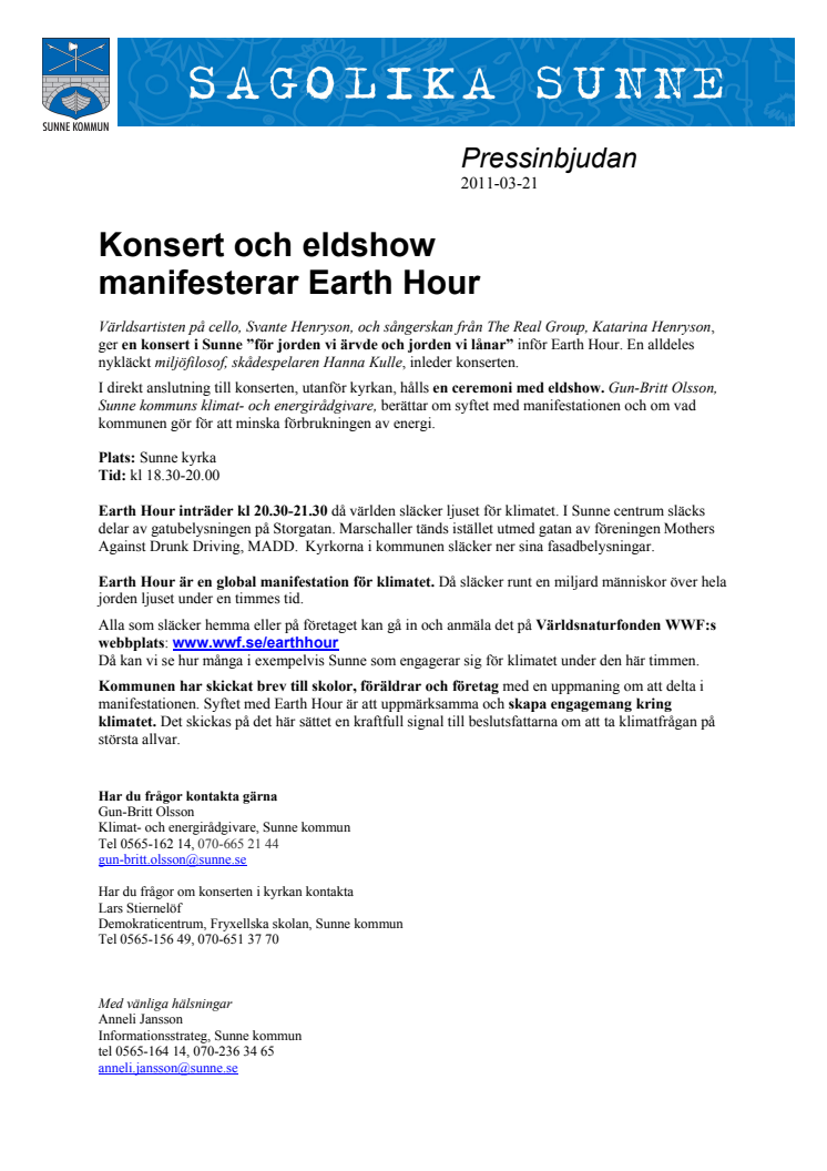 Konsert och eldshow manifesterar Earth Hour i Sunne