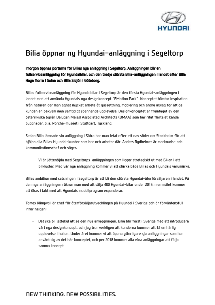 Bilia öppnar ny Hyundai-anläggning i Segeltorp