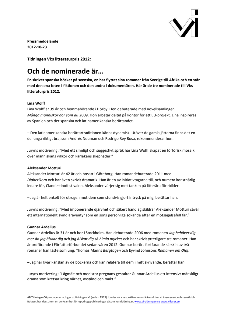 Tidningen Vi:s litteraturpris 2012: Och de nominerade är… 