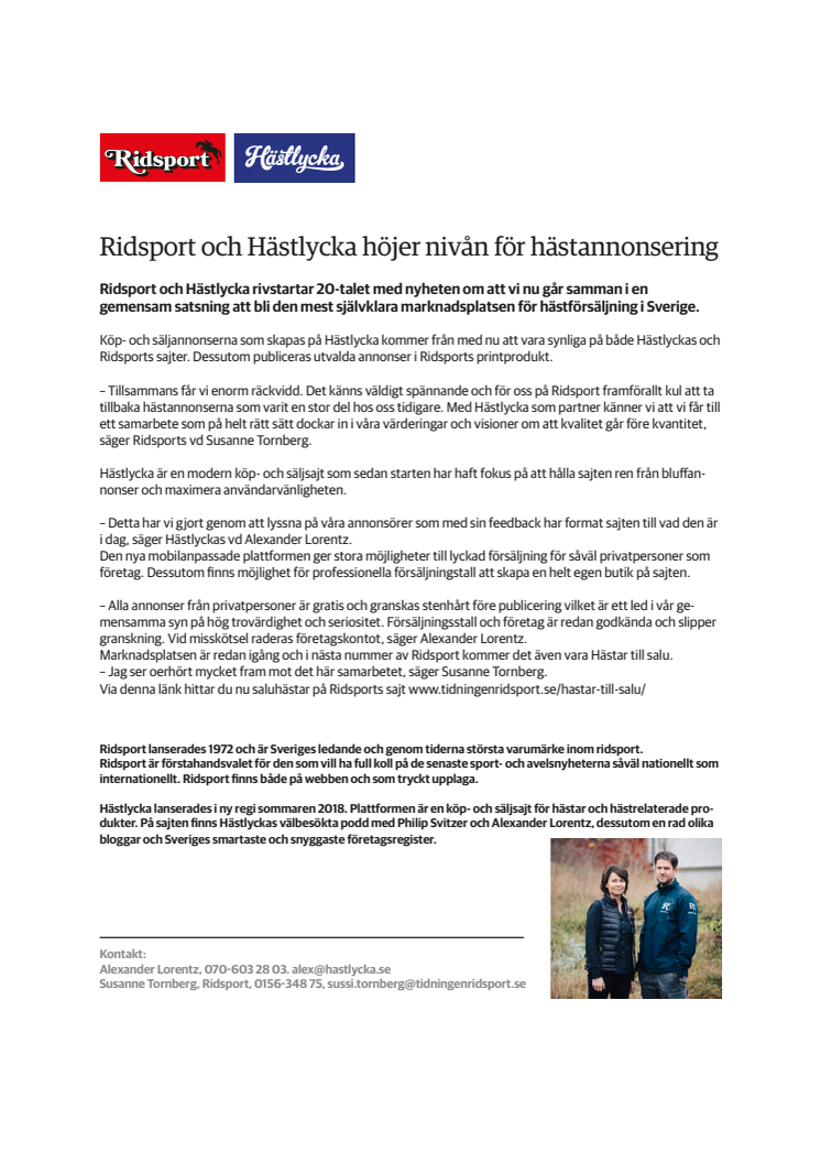 Ridsport och Hästlycka höjer nivån för hästannonsering