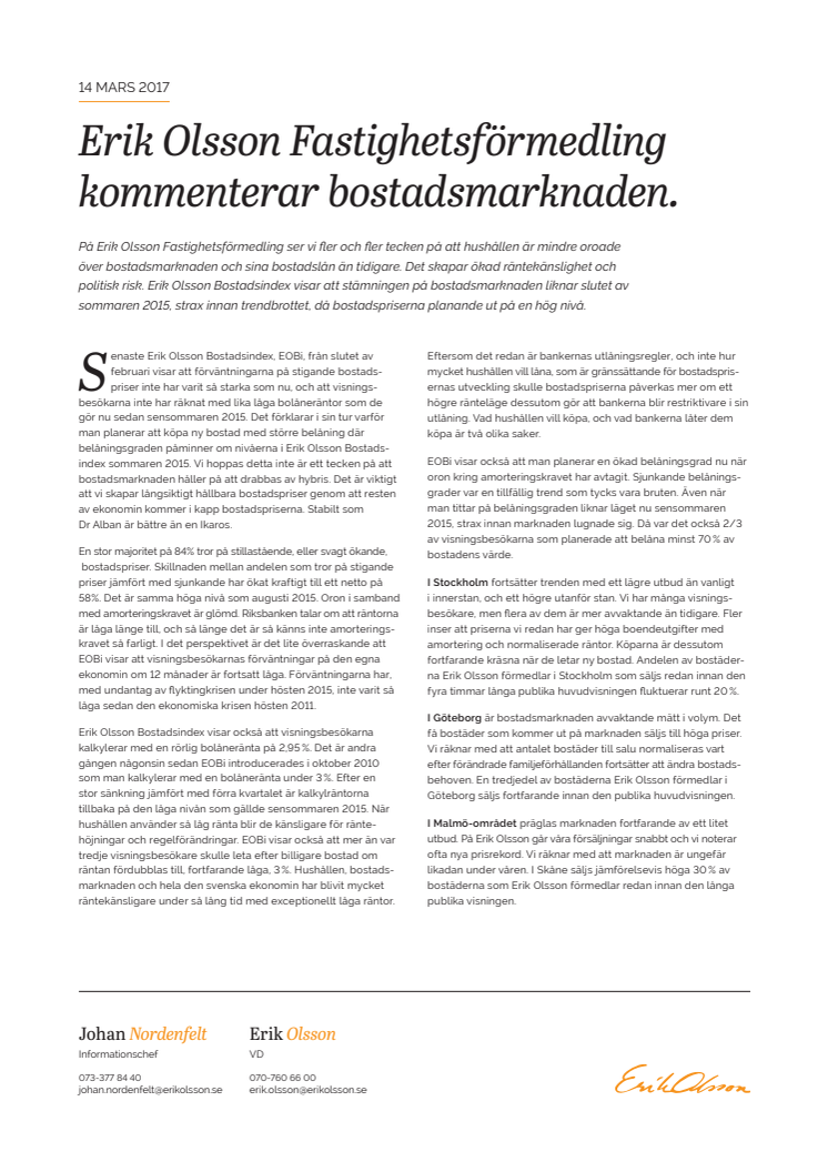 Erik Olsson Fastighetsförmedling kommenterar bostadsmarknaden 14 mars 2017