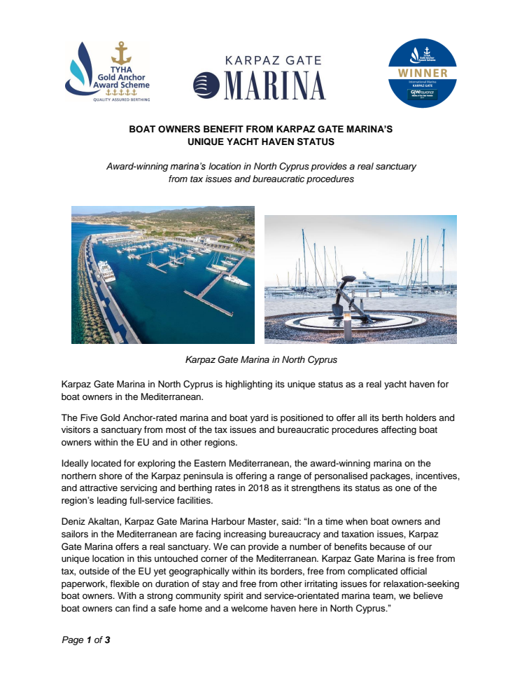 Boat Owners Benefit from Karpaz Gate Marina’s  Unique Yacht Haven Status