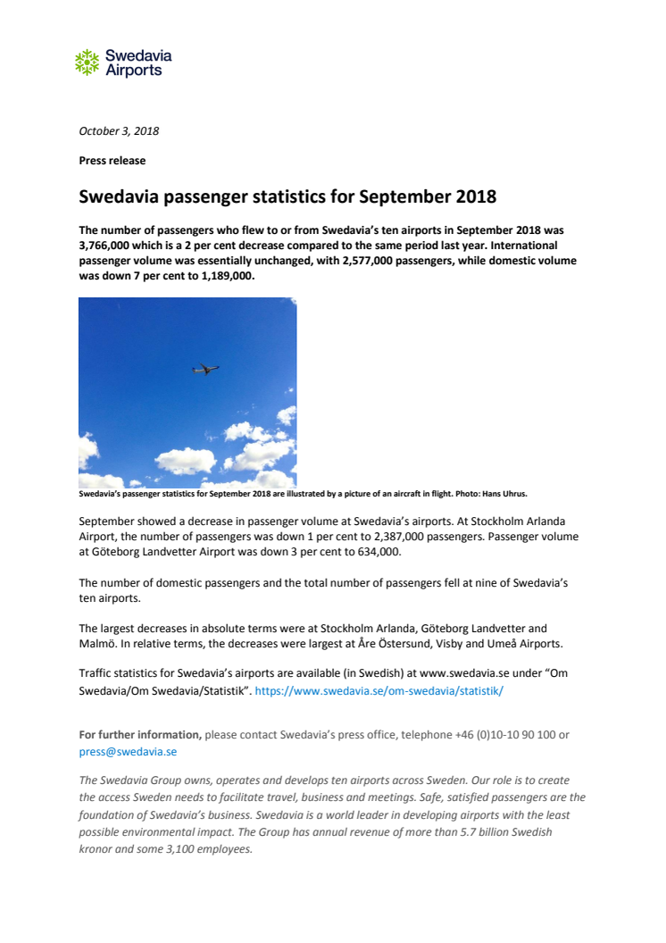 Swedavia passenger statistics for September 2018