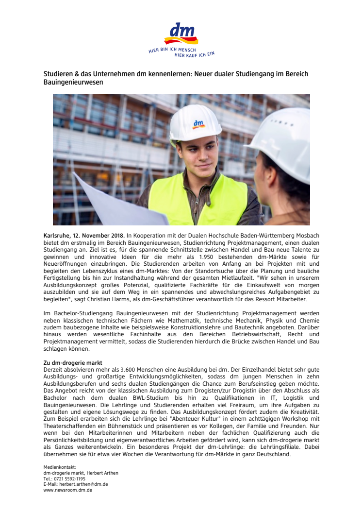 Pressemitteilung: Studieren & das Unternehmen dm kennenlernen: Neuer dualer Studiengang im Bereich Bauingenieurwesen
